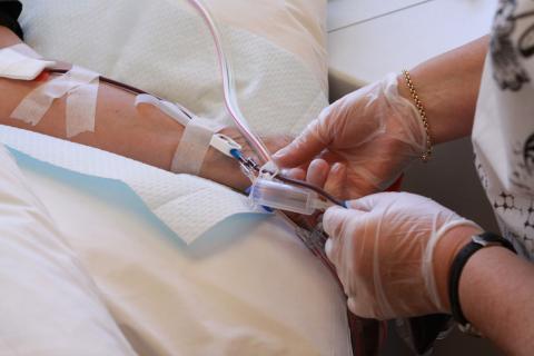 Person giving blood donation through arm