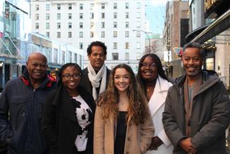 The Hon. Selwyn Romilly, the Hon. Judge David St. Pierre and Allard Law Dean Ngai Pindell with students Selasie Doe-Demosse, Kierra Leonard and Jessy Oduro-Kwachie